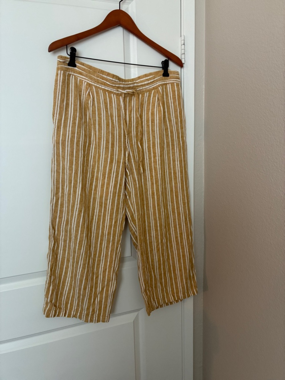 Per Se  Linen Mustard Yellow Striped Wide Leg Crop Pants Size Large